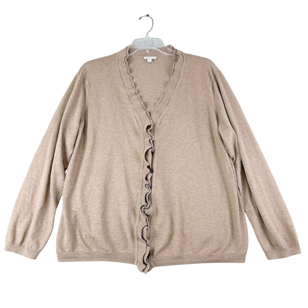 Talbots 3X Tan Ruffle Trim Cardigan Sweater Cotton Rayon Open Front Cottage Core